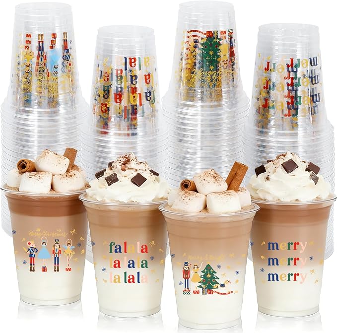 JarThenaAMCS 100 Pcs Christmas Plastic Cups 4 Styles Cartoon Nutcracker Clear Disposable Drinking Cup for Winter Holiday Xmas Party Favor Supplies, 12 Oz
