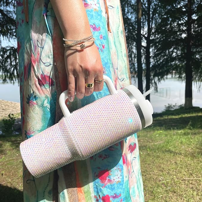 40oz Bling Tumbler with Handle and Straw Lid Rhinestone Studded Tumbler Cups Vacuum Insulated Stainless Steel Double Wall Water Bottle Travel Mug Gifts for Women Her (Pearl White)