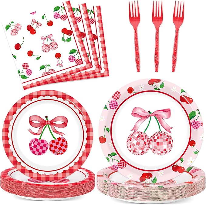 96Pcs Cherries Theme Plates and Napkins Pink Bow Cherry Birthday Party Decoration Disco Ball Disposable Dessert Cake Plates Cherries Paper Dinner Tableware for 24 Guests Girls Boys Kids Party Supplies