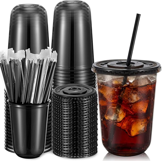Ziliny 25 Sets Clear Round Bottom Plastic Cups with Lids and Straws, Cute Disposable Drinking Coffee Cups, for Christmas Valentine's Galentine's Day Party Wedding Birthday Supplies (16oz,Black)