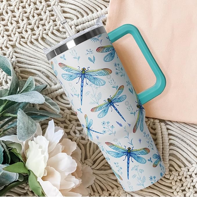 40 oz Dragonfly Tumbler With Lid and Straw - Water Bottle, Coffee Mug, Travel Cup - Gifts for Women, Ornament, Accessories