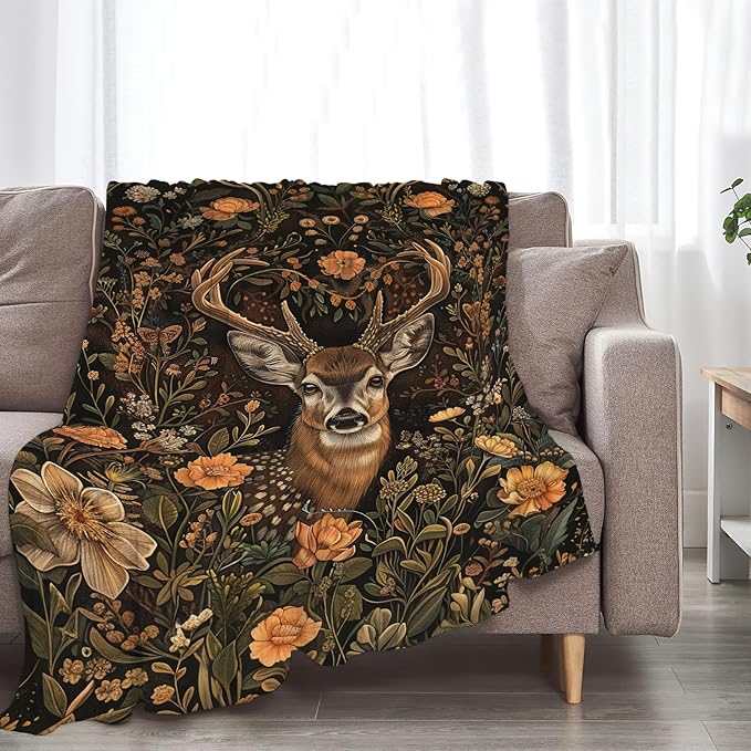 Deer Blanket Vintage Forest Sika Deer Elk Decor Throw Blanket Comfy Plush Flannel Fleece Warm Soft Fluffy Fuzzy Winter Blanket Reindeer Gifts for Girls Boys Women Teens for Bed Sofa Couch 50"X60"