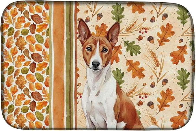 Caroline's Treasures Red and White Basenji Heirloom Fall Dish Drying Mat Absorbent Dish Drying Mat Pad for Kitchen Counter Dish Drainer Mat for Countertop, 14 x 21", Multicolor