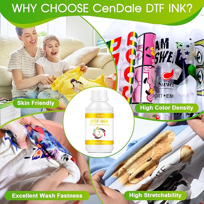 CenDale Premium DTF Yellow Ink - 500ML DTF Transfer Ink for PET Film, Refill DTF Ink Yellow for Epson ET-8550, L1800, L800, R2400, R1390, P400, P800, XP15000, Heat Transfer Printing Direct to Film