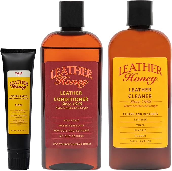 Leather Honey 8oz Conditioner, 8oz Cleaner, and Black Recoloring Balm