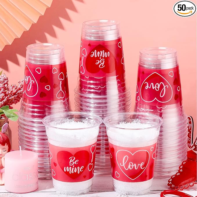 Meanplan 100 Pcs 12 oz Valentine Plastic Cups Bulk Valentine Drinking Cups Pink Heart Glasses Drinking Galentine Day Party Favor Supplies for Beverages Iced Juice Wedding Anniversary(Be Mine Style)