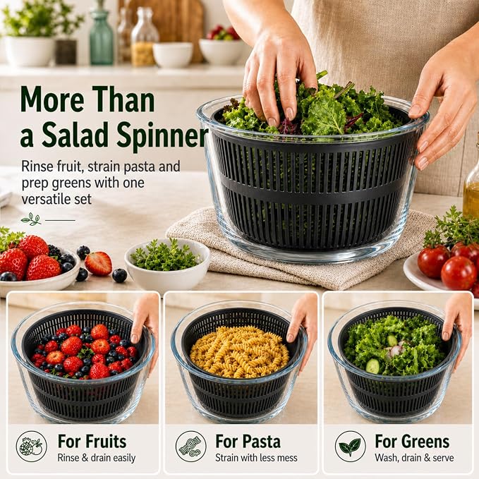 Glass Salad Spinner 3.2 Qt, Small Salad Spinner with Glass Bowl Removable Lid for Easy Cleaning Dishwasher Safe Glass Bowl Vegetable and Fruit Washer Dryer with Drain Spout Crank Handle Black