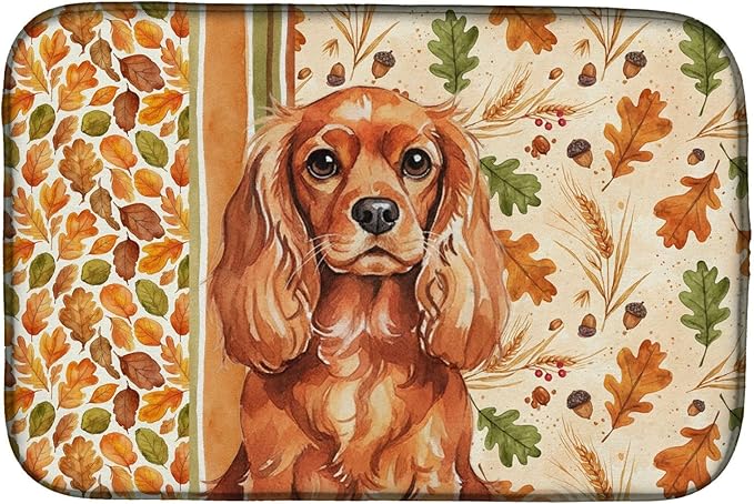 Caroline's Treasures Ruby English Toy Spaniel Heirloom Fall Dish Drying Mat Absorbent Dish Drying Mat Pad for Kitchen Counter Dish Drainer Mat for Countertop, 14 x 21", Multicolor