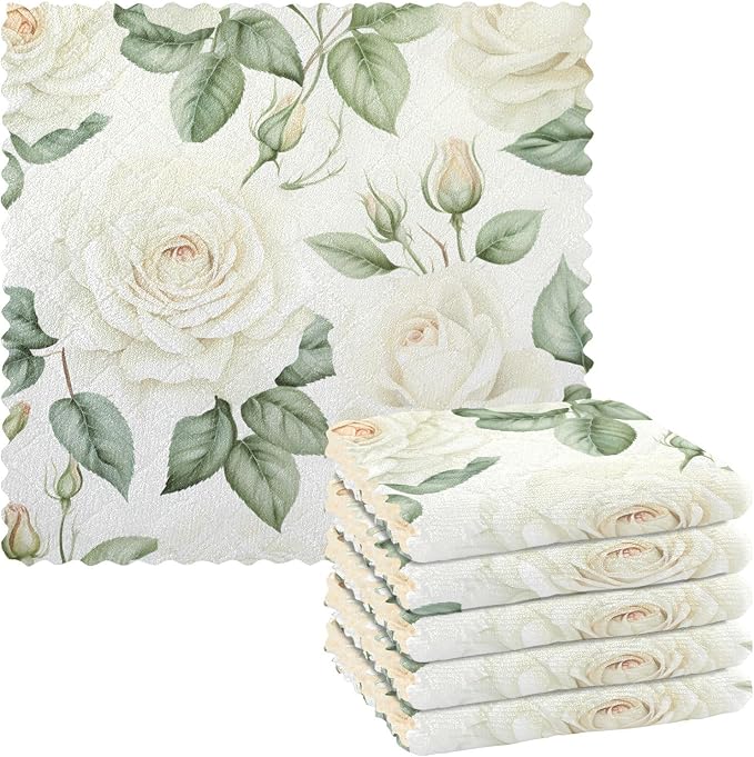 senya Kitchen Dishcloths, White Rose Flower Cloth Dish Towels 6 Pack Super Absorbent Dishtowels Reusable Cleaning Cloths