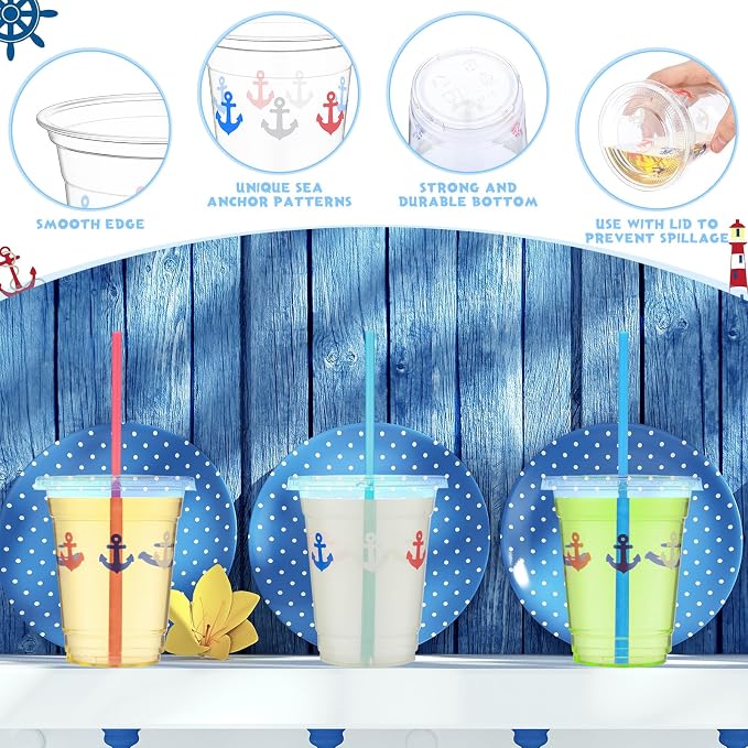 Blushtier 100 Sets 12 oz Nautical Disposable Plastic Cups with Lids and Straws, Blue Anchor Theme Party Cups Beverage Drinking Cups for Ocean Theme Birthday Summer Party Supplies