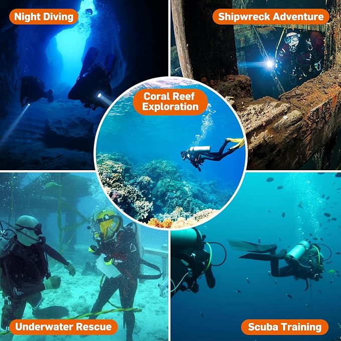 WD12 Dive Light - 1400 Lumens Compact Scuba Diving Backup Light with 3 Modes, IP68 Waterproof Submersible Torch, Underwater Snorkeling Flashlight with Push Button