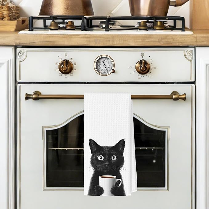 Funny Black Cat Kitchen Towels, Cats Kitchen Bar Accessories, Cat Lovers Chef Gifts for Women Decorative Hand Towels for Kitchen Decor, Dining Room Dish Tea Towel, 16x24 Inch