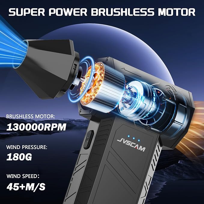 JVSCAM Compressed Air Duster - Electric Air Duster with Brushless Motor - 3 Gear Adjustable Cordless Air Blower - Rechargeable Air Duster for PC, Keyboard, Car, Outdoors, Home