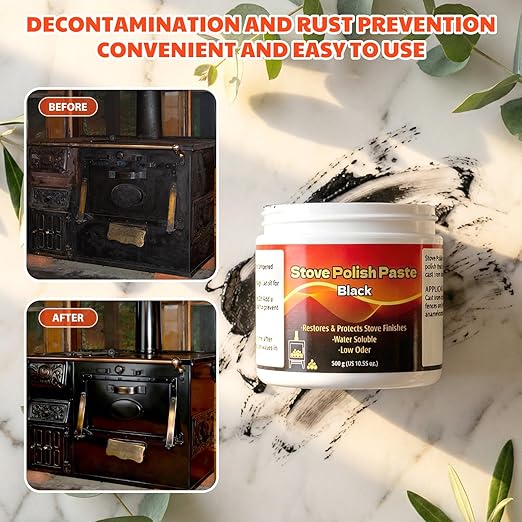 6 Pcs Stove Polish Set Includes 2 Pcs 10.58 oz Black Stove Polish Paste, 2 Brush, 2 Disposable Gloves for Cast Iron Stoves Grills Ornamental Ironwork Fence Sand Barbecues