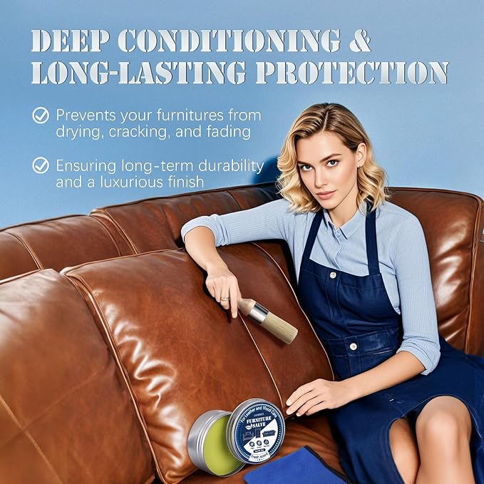 LANBEIDE Furniture Salve with Brush for Leather Wood, Polisher and Conditioner for Leather Couch 2 Packs 4oz+8oz