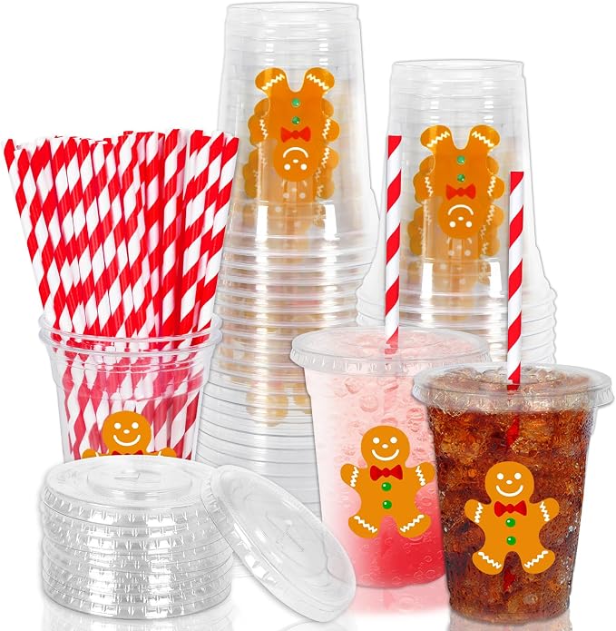 Whaline 50 Pcs Christmas Disposable Plastic Cups with Lids and Straws 12 oz Party Cups Gingerbread Man Cold Beverage Drinking Cups for Xmas Holiday Party Supplies
