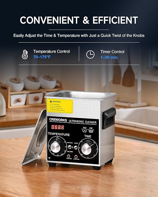 CREWORKS 2L Ultrasonic Cleaner with Degas & Gentle Modes, 60W Stainless Steel Ultrasonic Cleaner Machine with Heater and Timer, Ultrasonic Parts Cleaner with Knob Control for Jewelry Glasses Watch