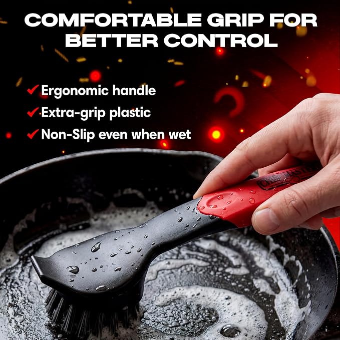 Cast Iron Scrub Brush with Heavy Duty Scraper - Nylon Bristles Dish Scrubber for Pans, Skillets and Woks – Kitchen Cleaner Removes Grime, Grease, Food Build Up - 90058 by Chef Master