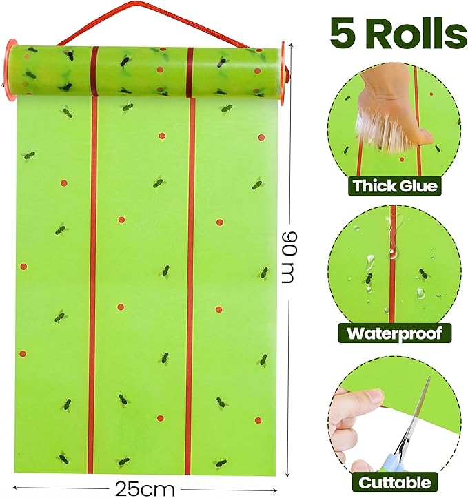 Qualirey Giant Sticky Fly Traps, Fly Strips for Indoor Outdoor Hanging Flying Tapes Non Toxic Ribbon Fruit Gnat Killer for Mosquito Plants House Horse Stable(30 ft,Fluorescent Green,5 Pcs)
