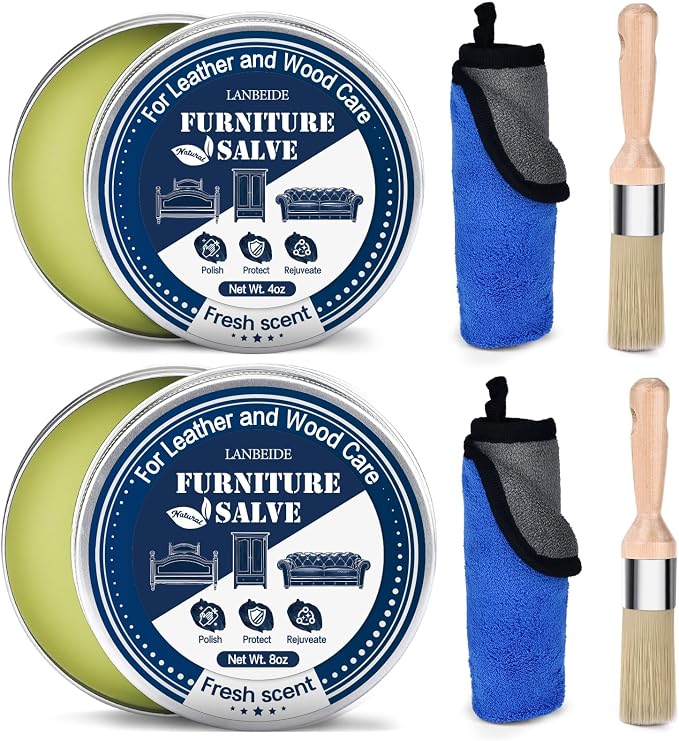 LANBEIDE Furniture Salve with Brush for Leather Wood, Polisher and Conditioner for Leather Couch 2 Packs 4oz+8oz