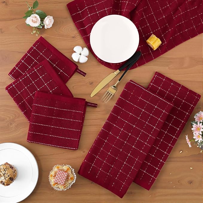 Homaxy Kitchen Towels and Dishcloths Set, 12 x 12 and 13 x 28 Inches, Set of 10 Bulk Cotton Terry Kitchen Towels Set, Checkered Designed, Soft and Super Absorbent Dish Towels, Brick Red
