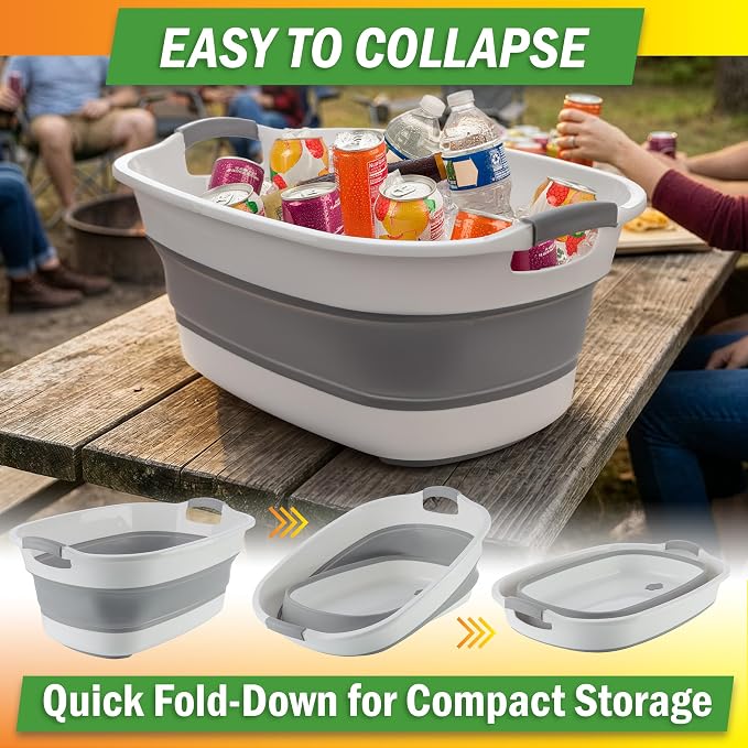 Collapsible Wash Basin - 20L Portable Sink with Drain Plug - Foldable Plastic Tub Dish Pan for Camping Gear, Handwashing Laundry, Vegetables, Dishes, Bottles, or RV Dishpan by Wakeman Outdoors (Gray)