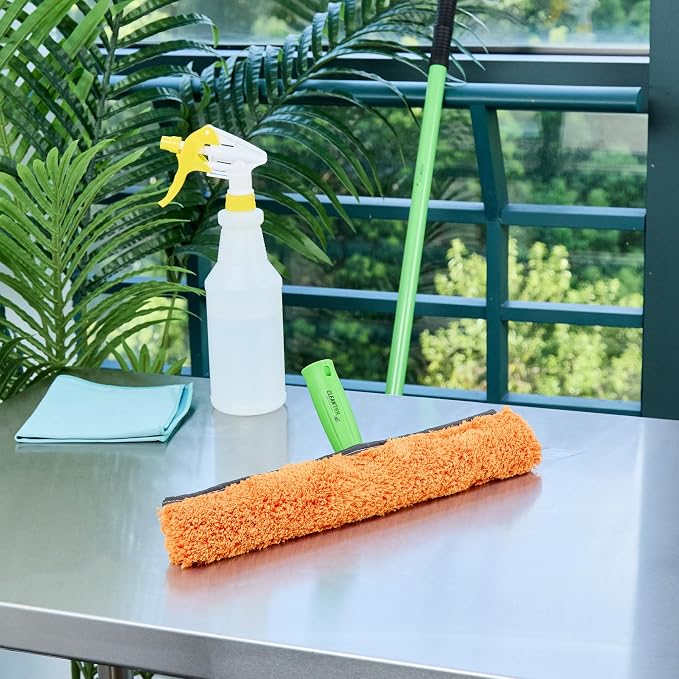 Restaurantware-Clean Tek Professional Window Washer Strip, 1 Window Scrubber with T-Bar Handle - Machine Washable, No-Streak Cleaning, Orange Microfiber Washer for Glass Door, Home Or Commercial Use
