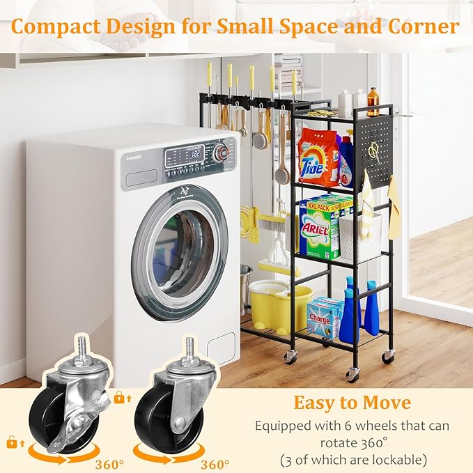 AGESISI 46" H Broom Holder with Cleaning Supplies Organizer, Mop Rack Storage with 4-Tier Shelves, 10 Gripper Clips, 4 Double-Hooks, 3 Hooks, Metal Utility Carts on Wheels for Home Essentials, Black