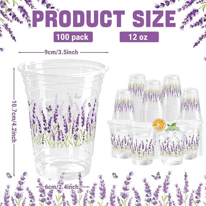 100 Pack Lavender Plastic Cups 12 oz Purple Floral Spring Summer Flower Disposable Cup Wildflowers Drinking Cold Beverage Cup for Summer Party Supplies