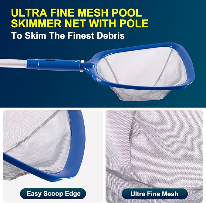 POOLAZA Pool Cleaning Kit Above Ground & Inground Pools, Include Sturdy Pool Brush Head, Ultra Fine Mesh Pool Skimmer Net, 57.5'' Thickened Aluminum Pool Pole & Durable Pool Floater