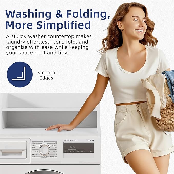 Memobarco 2 Tiers Washer Dryer Countertop, 54" Width x 27.5" Depth Laundry Countertop Organization, Wooden Washer and Dryer Topper for Folding, Sorting & Ironing, Easy to Install, White