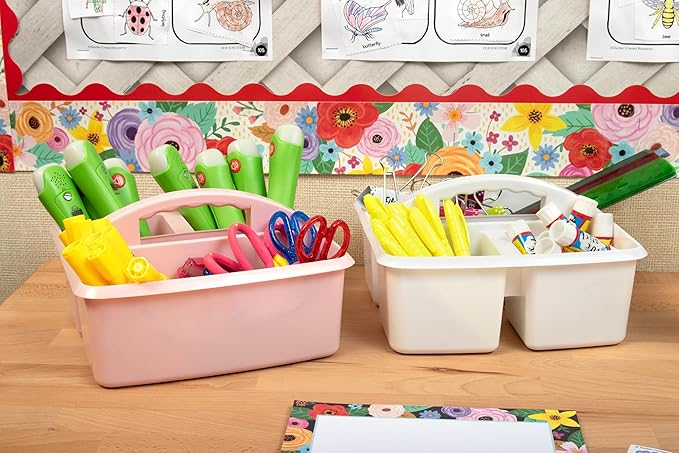 Teacher Created Resources White Portable Plastic Storage Caddy 6-Pack for Classrooms, Kids Room, and Office Organization, 3 Compartments