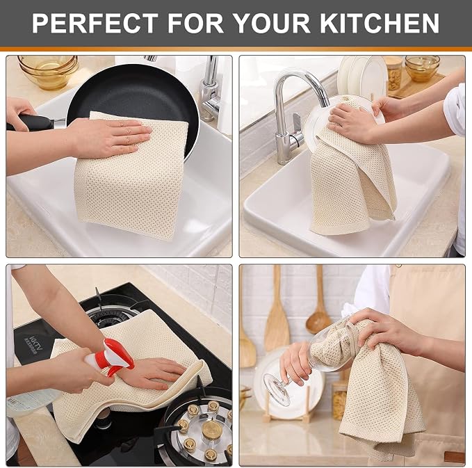 Kitinjoy 100% Cotton Waffle Weave Kitchen Hand Towels (13 X 28 Inches, Beige), 12-Pack Super Soft and Absorbent Dish Towel for Drying Dishes