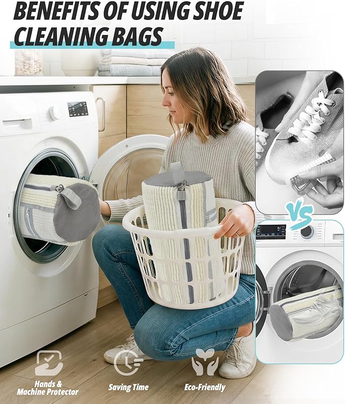 Shoe Washing Machine Bag, 4 Pack Shoe Cleaning Bag for Washer and Dryer, 360° Deep Cleaning Reusable Shoes Laundry Bags for Sneakers with Zipper Protection and Side Mesh Pouch, White