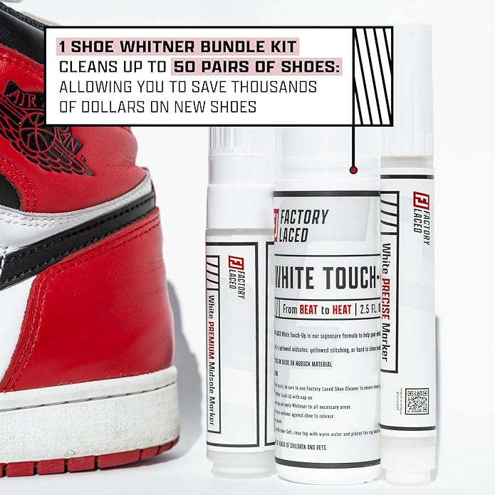 FACTORY LACED Shoe Whitener Bundle - White Shoe Cleaner Includes: White Touch Up, Premium Midsole Marker and Precision Marker - Safe on Leather, Canvas, Vinyl, Nylon and More