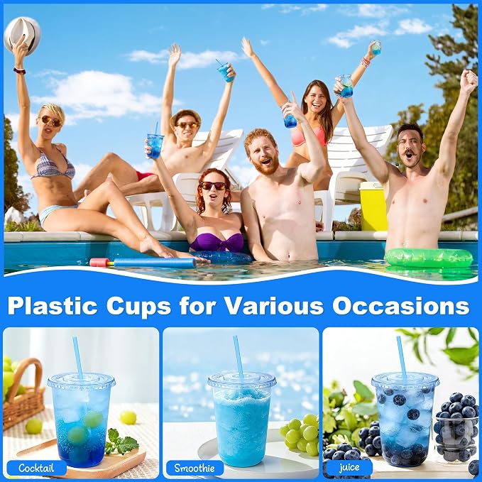 KesaPlan 50 Pack 16 oz Blue Plastic Party Cups with Lids & Straws, Disposable Iced Coffee Cup with Lids, Round Bottom Drinking Cups for Cocktail Cold Beverages Birthday Wedding Picnics Party Supplies