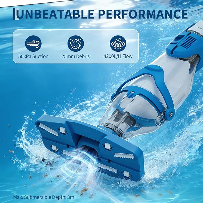 Handheld Pool Vacuum with Telescopic Pole, Updated Swimming Cordless Rechargeable Pool Cleaner 19.8GPM Powerful Suction for Above Ground/Inground Pools, Spa, Hot Tub, Dual-Filter Cleaning System