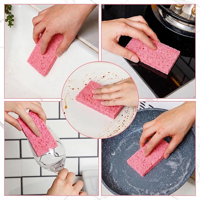Zhengmy 100 Pieces Sponges Bulk Sponges Kitchen Compressed Sponge Natural Dish Sponge Compressed Wood Pulp Cleaning Without Scratching for Kitchen Bathroom, 3.9 x 2.4 x 0.12 Inch (Pink)