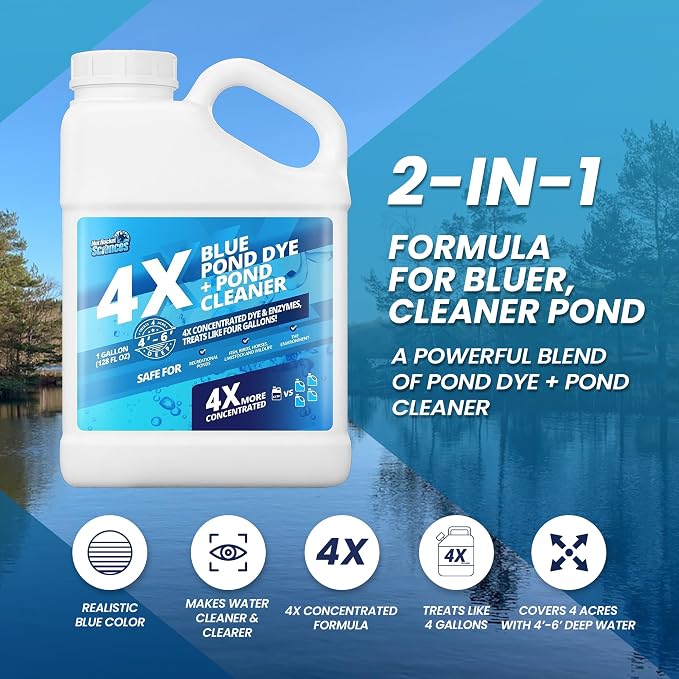 1 Gallon 4X Blue Pond Dye + Pond Cleaner, Blue Dye for Ponds and Lakes, 2-in-1 Lake Colorant + Enzymes, Makes Murky Water Clean & Beautiful, Keeps the Water Cool, Clear, and Ideal for Fish & Wildlife