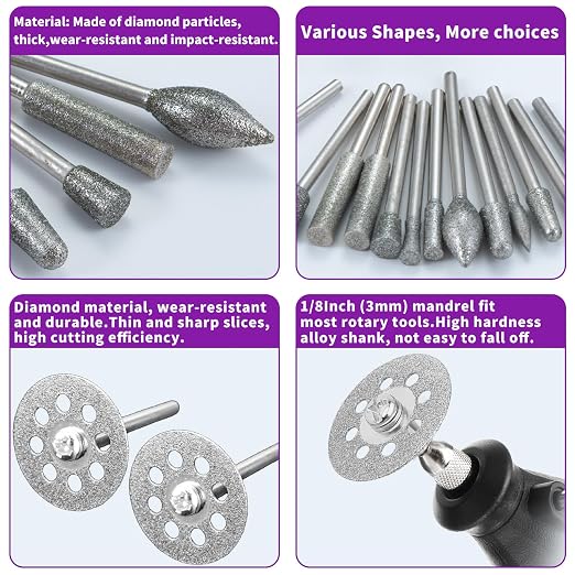 Diamond Grinding Bit Set for Dremel, Rotary Tool Grinding Cutting Wheel 1/8” Shank for Stone Glass Tile Jewelry Engraving Rock Etching Masonry Carving Metal Wood - 32Pc