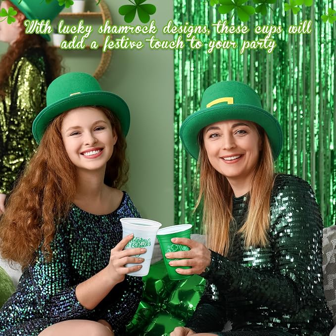 Pickmesh 50 Pcs St Patricks Day Plastic Cups 16oz Lucky Shamrock Design Disposable Cups for Lucky Party Supply St Patrick's Day Cups for Hot Cold Drinks Coffee Juice Beer Candy Snacks