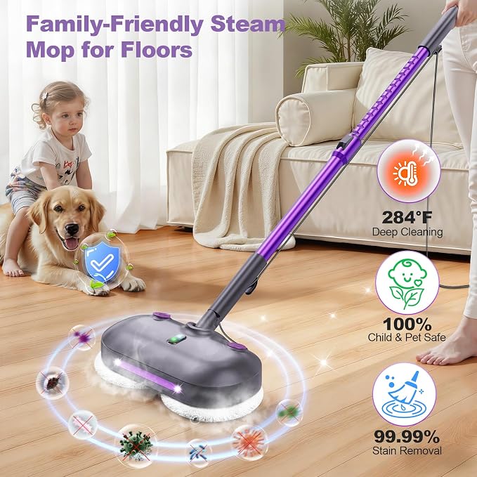 Scrubbing Steam Mop with Rotating Pads,All-in-One Spin Steam Cleaner for Floor Cleaning,Large Tank,23FT Cord, LED Headlights,Reusable Pads & Self-Standing,Safe for Hard Floor/Laminate/Marble