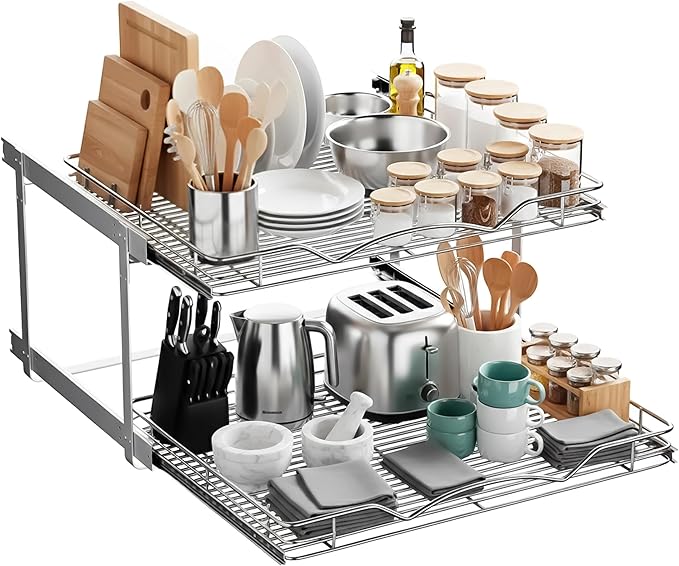 2-Tier Pull-Out Cabinet Organizer with Heavy-Duty Steel Frame, Full-Extension Sliding Shelves, Holds 100 lbs, Easy Install for Kitchen, Pantry & Under Sink Cabinets, 26" W x 21”D x 16.5" H