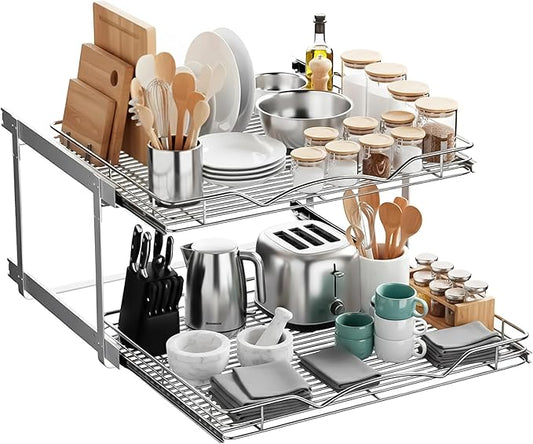2-Tier Pull-Out Cabinet Organizer with Heavy-Duty Steel Frame, Full-Extension Sliding Shelves, Holds 100 lbs, Easy Install for Kitchen, Pantry & Under Sink Cabinets, 26" W x 21”D x 16.5" H