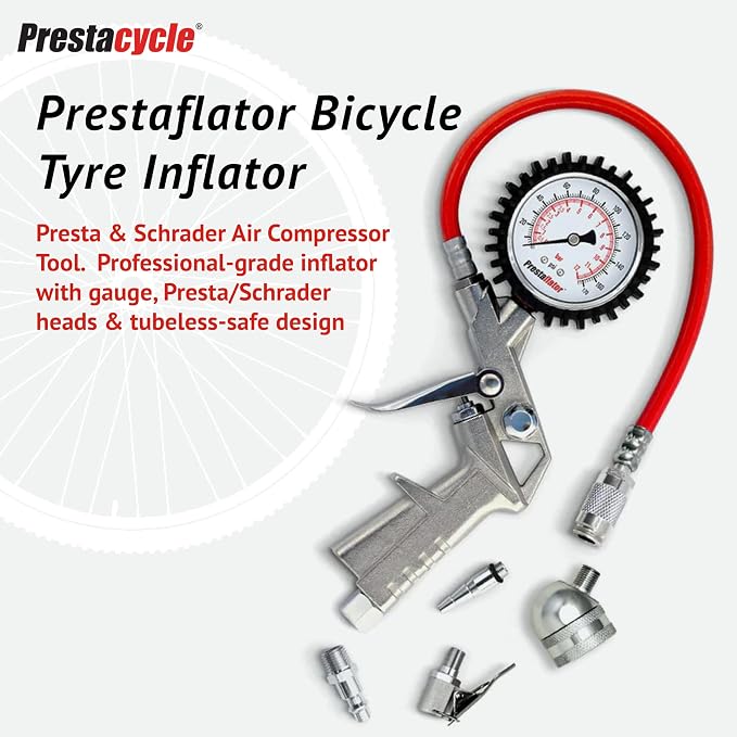 Prestaflator Bike Tire Inflator, Presta & Schrader Valve Air Compressor Tool – Works with Tubeless & Standard Tires – Bike & Car Air Compressor Tire Inflator for MTB & Road Bikes