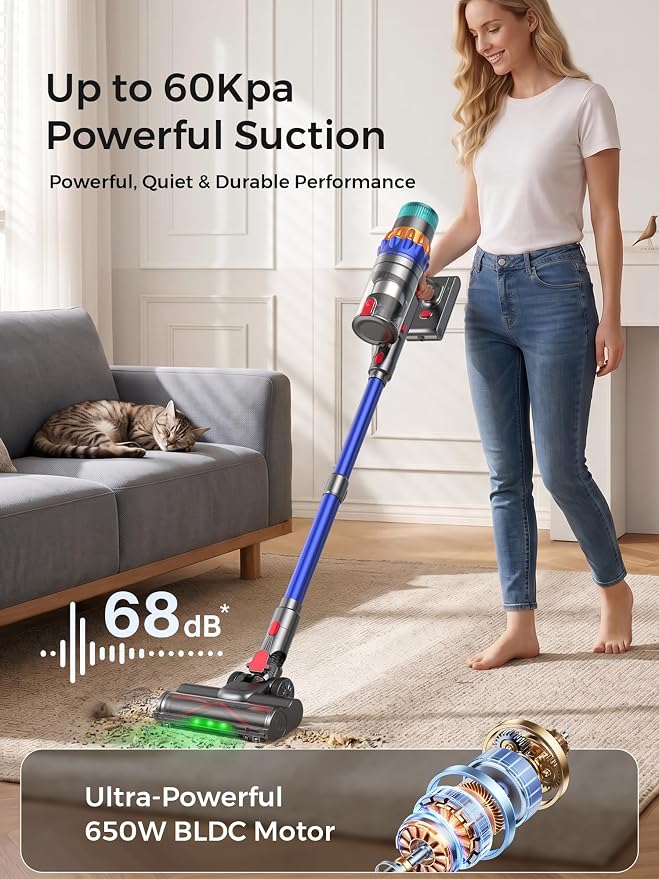 Smart Cordless Vacuum Cleaner, 650W 60KPa Stick Vacuum with Auto Suction Adjustment, 75 Min Long Runtime Rechargeable Handheld Vacuum for Home Pet Hair, Hardwood Floor Carpet