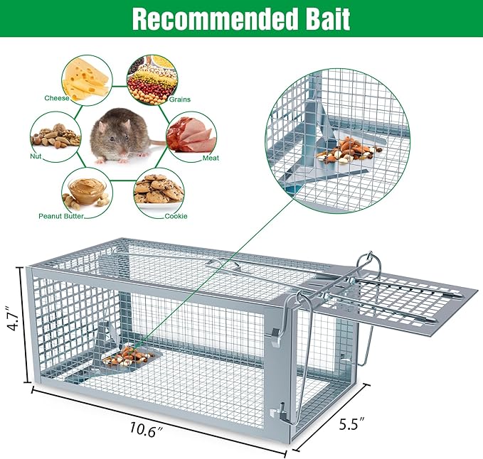 4 Packs Humane Rat Trap Outdoor, Wanqueen Humane Mouse Traps Indoor for Home, Small Rodent Chipmunk Squirrel Trap and Other Live Animal Cage Catch and Release