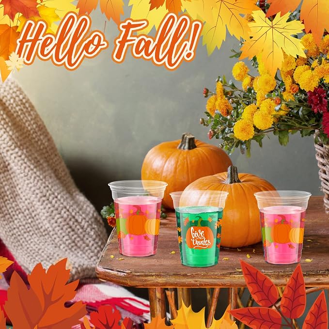 Meanplan 100 Pcs Thanksgiving Plastic Cups Bulk 12oz Fall Disposable Cups Autumn Pumpkin Leaf Turkey Clear Drinkware Tumblers Coffee Juice Wine Glasses Harvest Wedding Party Supplies(Pumpkin)