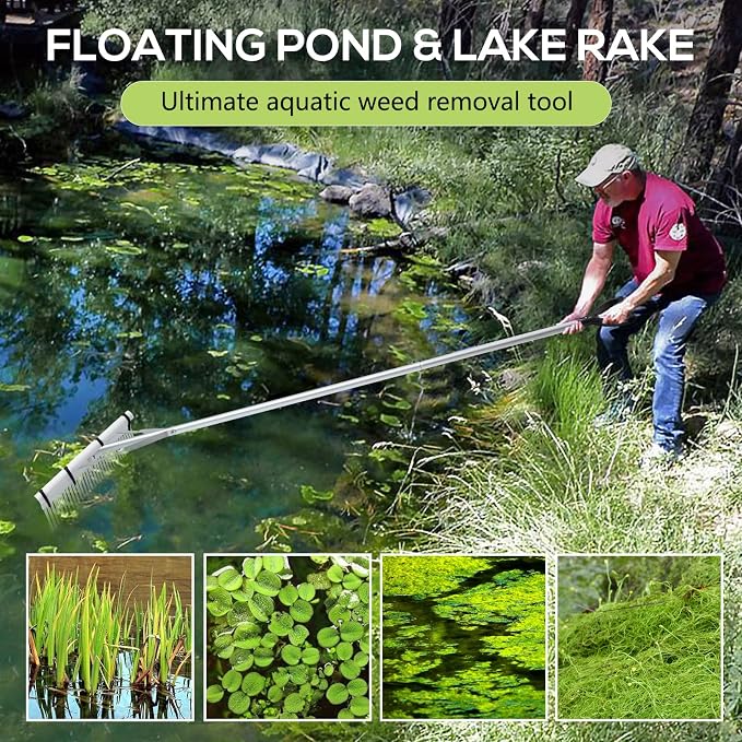 Floating Lake Rake, 36" Aluminum All Purpose Lake and Landscape Rake with 11' Extension Handle and 52' Rope, Weed & Algae Removal