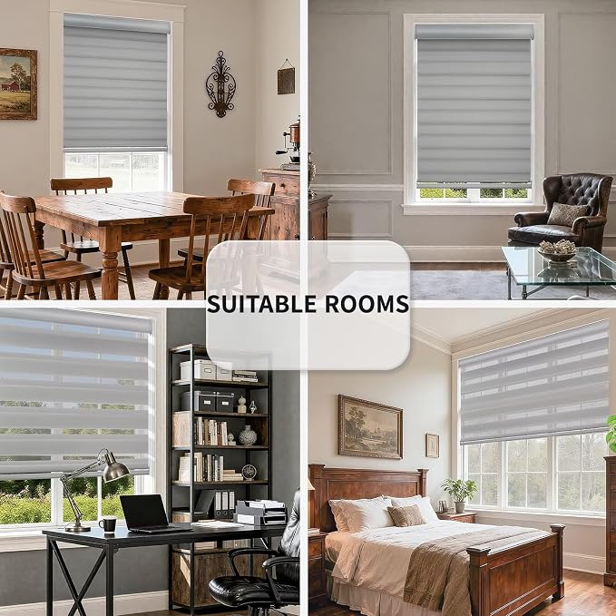MYshade Cordless Zebra Blinds with Free-Stop Function - Dual Layer Light Filtering & Privacy Sheer Shades for Day and Night - Easy Install Window Shades for Home, Living Room, 35" W x 72" H,Grey